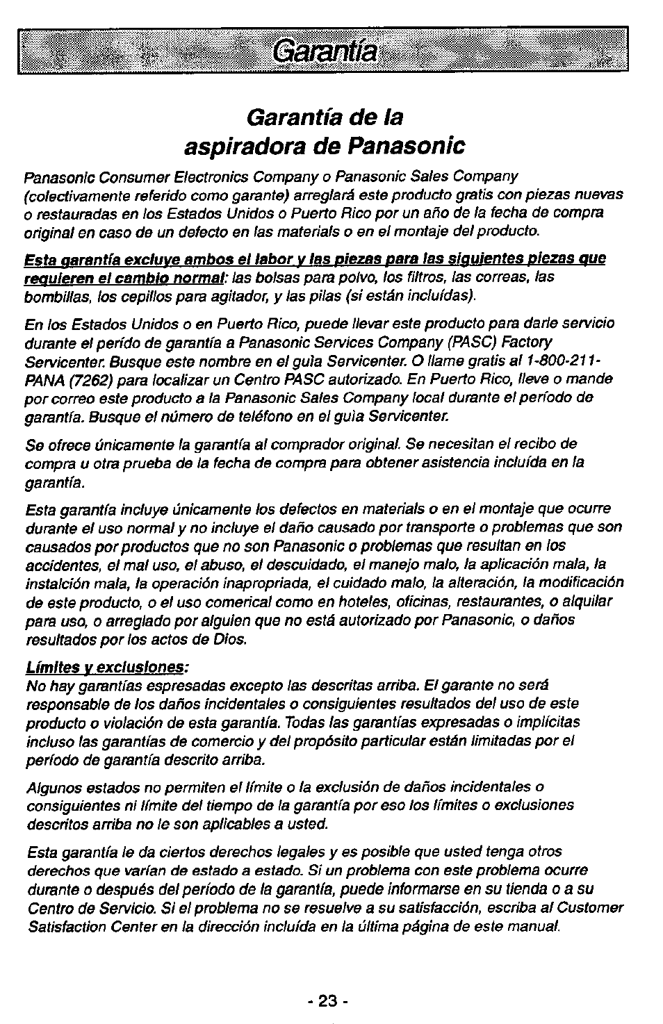 Garantía de la aspiradora de panasonic | Panasonic MC-V7389 User Manual | Page 23 / 24