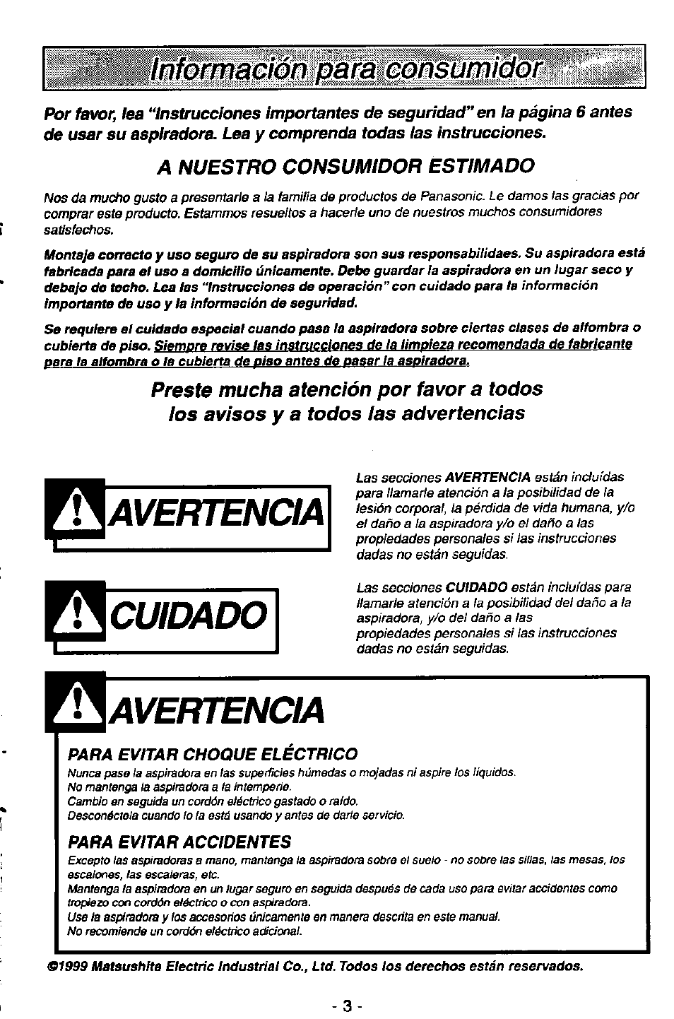 Avertencia, Cuidado, Шшш0тт!штпщ!шш1т | A nuestro consumidor estimado | Panasonic MC-V7389 User Manual | Page 3 / 24