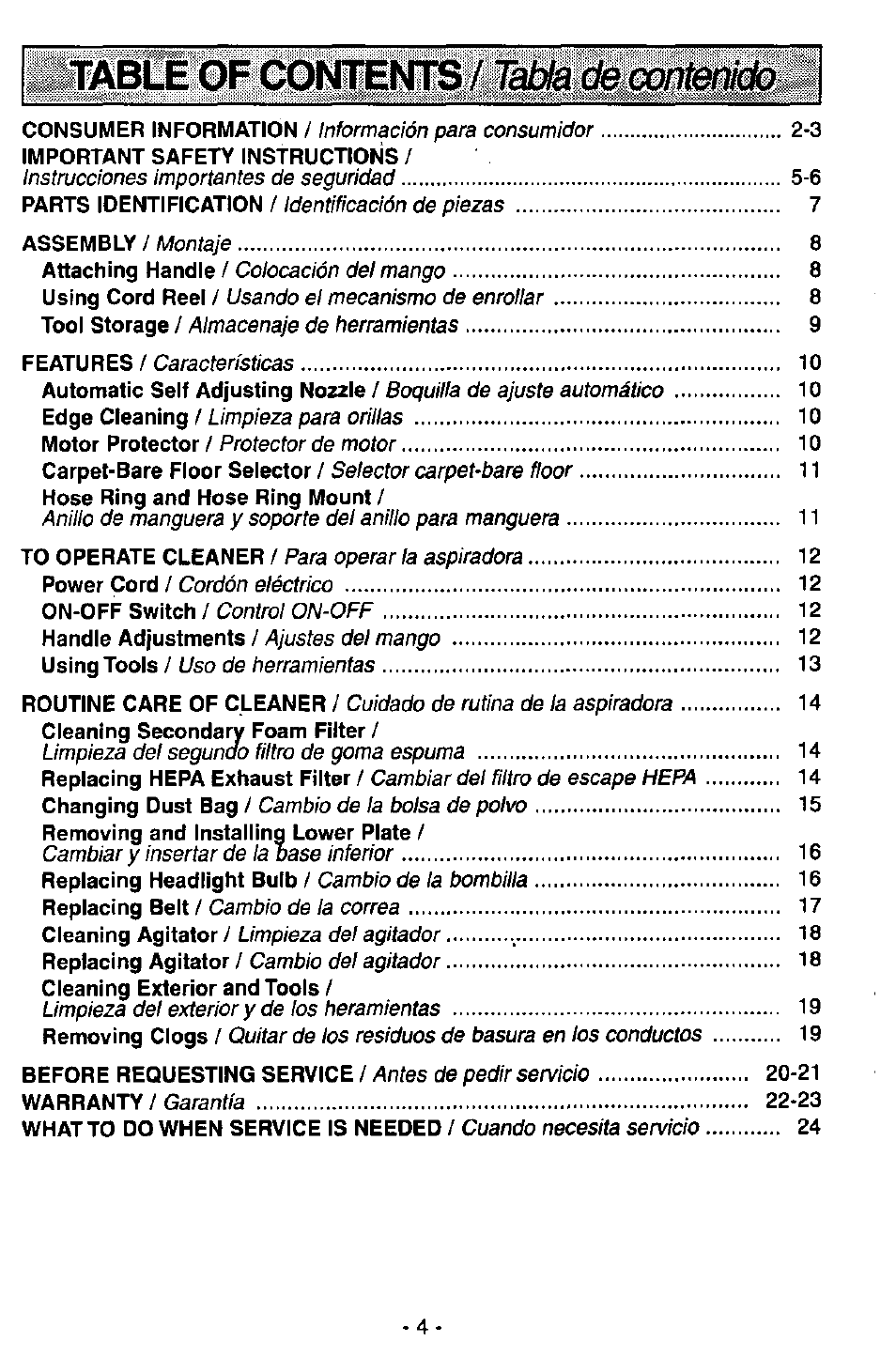 Ifab, E gf,conlenls//é7ád^íqfe0ól, Información para consumidor | Instrucciones importantes de seguridad, Identificación de piezas, Montaje, Colocación del mango, Usando el mecanismo de enrollar, Almacenaje de herramientas, Boquilla de ajuste automático | Panasonic MC-V7389 User Manual | Page 4 / 24