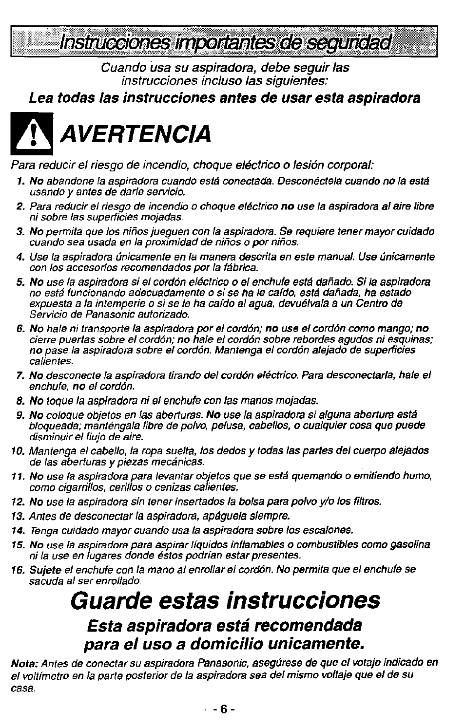 Avertencia, Guarde estas instrucciones, 1пз^ш0фез importantem | Panasonic MC-V7389 User Manual | Page 6 / 24