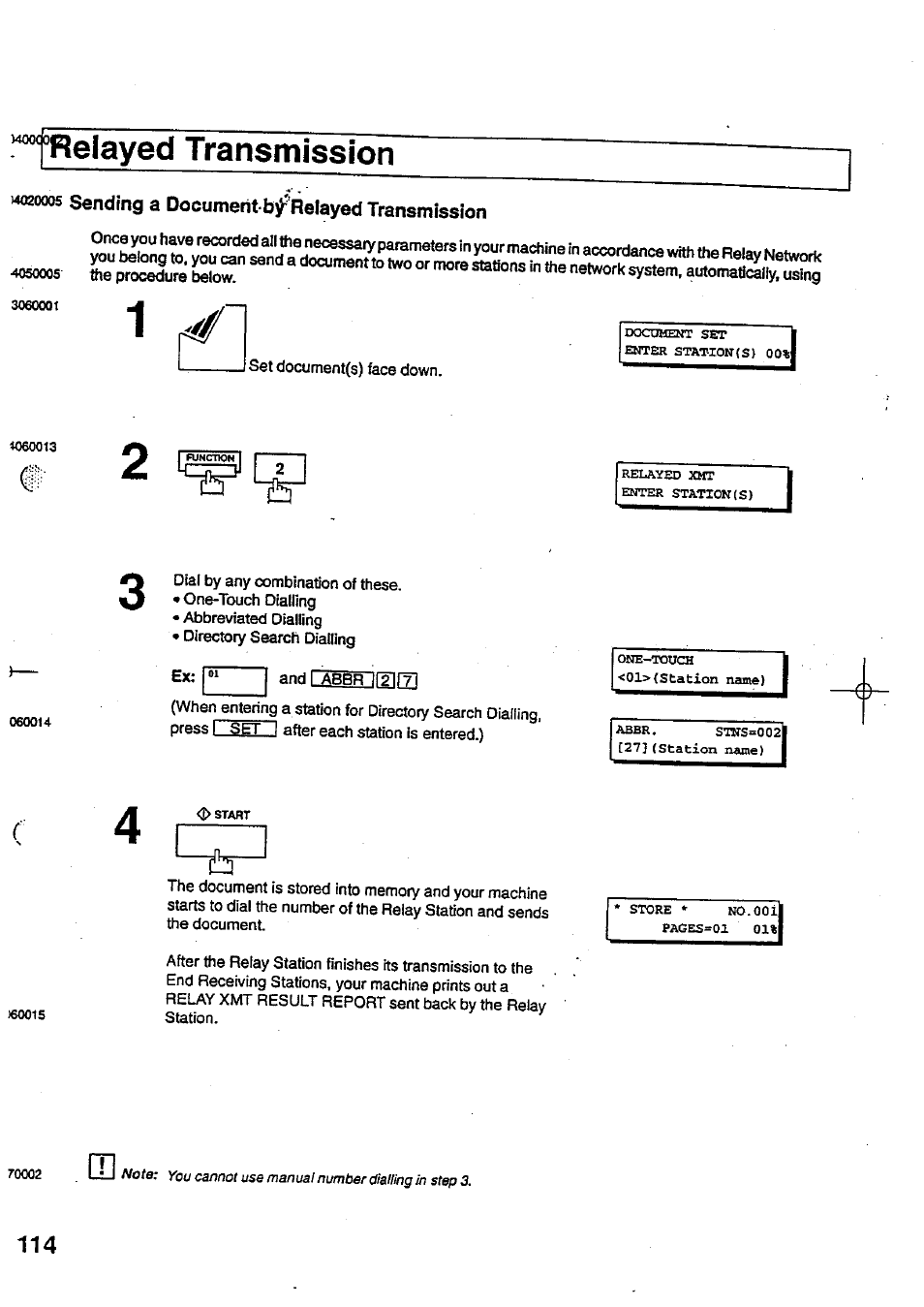 Flelayed transmission, 4q2ooo5 sending a document relayed transmission, F2 i | Panasonic Panafax UF-744 User Manual | Page 118 / 164