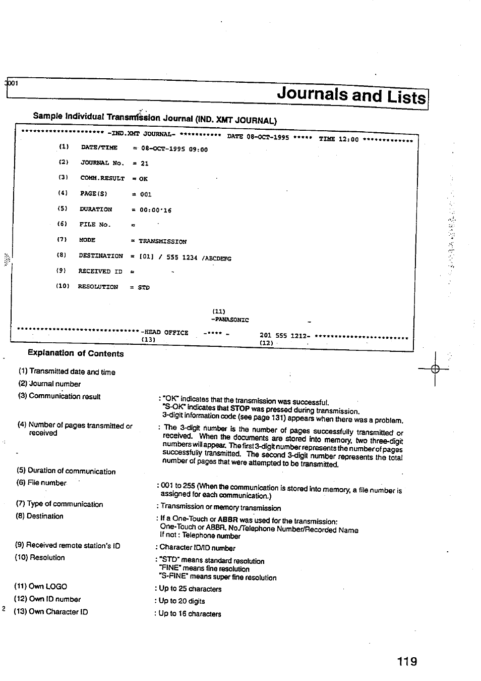 Journals and lists | Panasonic Panafax UF-744 User Manual | Page 123 / 164