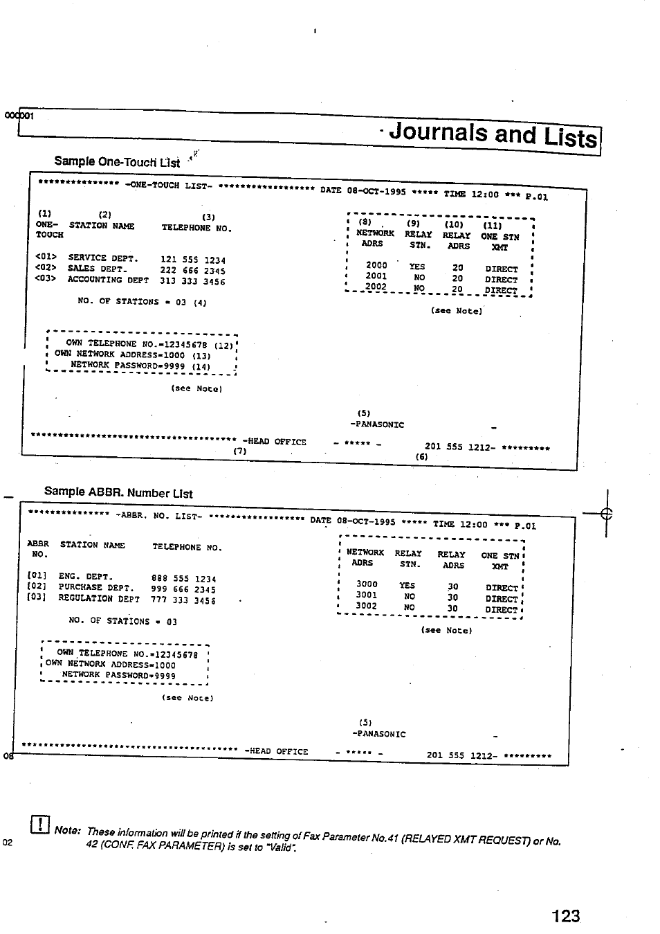 Sample one-touch list, Sample ab6r. number list, Journals and lists | Panasonic Panafax UF-744 User Manual | Page 127 / 164