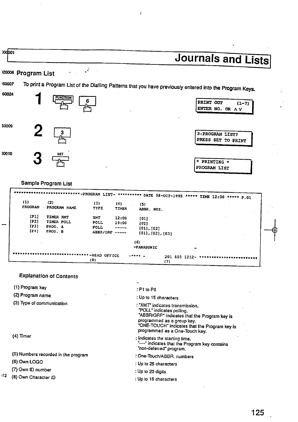 Journals and lists, 20006 program list, Program list | Panasonic Panafax UF-744 User Manual | Page 129 / 164