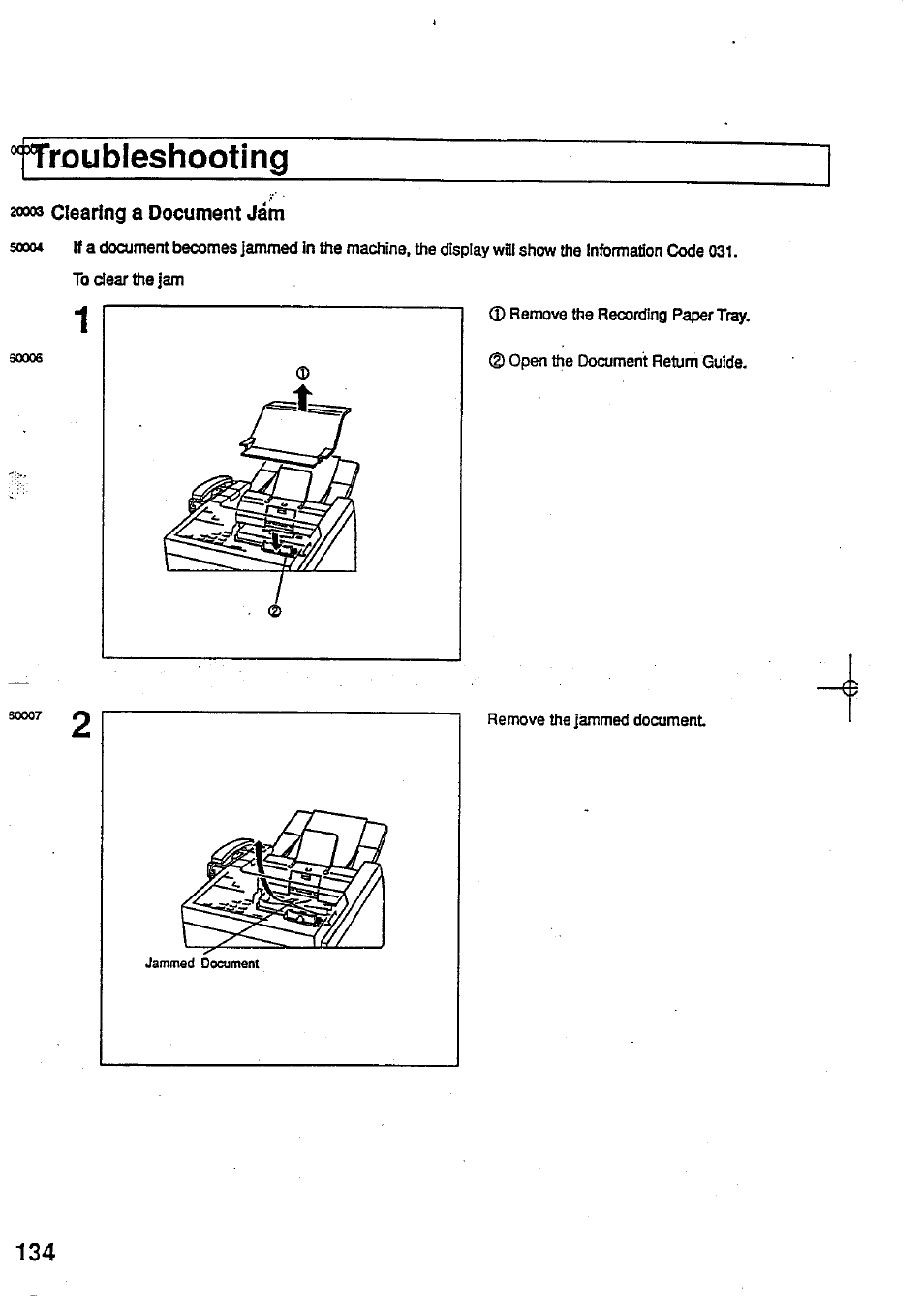 20003 clearing a document jam, Ttroubleshooting | Panasonic Panafax UF-744 User Manual | Page 138 / 164