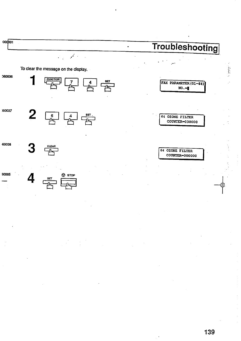 To clear the message on the display, Troubleshooting | Panasonic Panafax UF-744 User Manual | Page 143 / 164