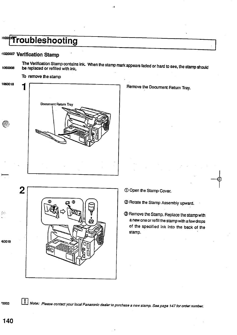 1020007 verification stamp, Ftroubleshootlng, F ^ i | Panasonic Panafax UF-744 User Manual | Page 144 / 164