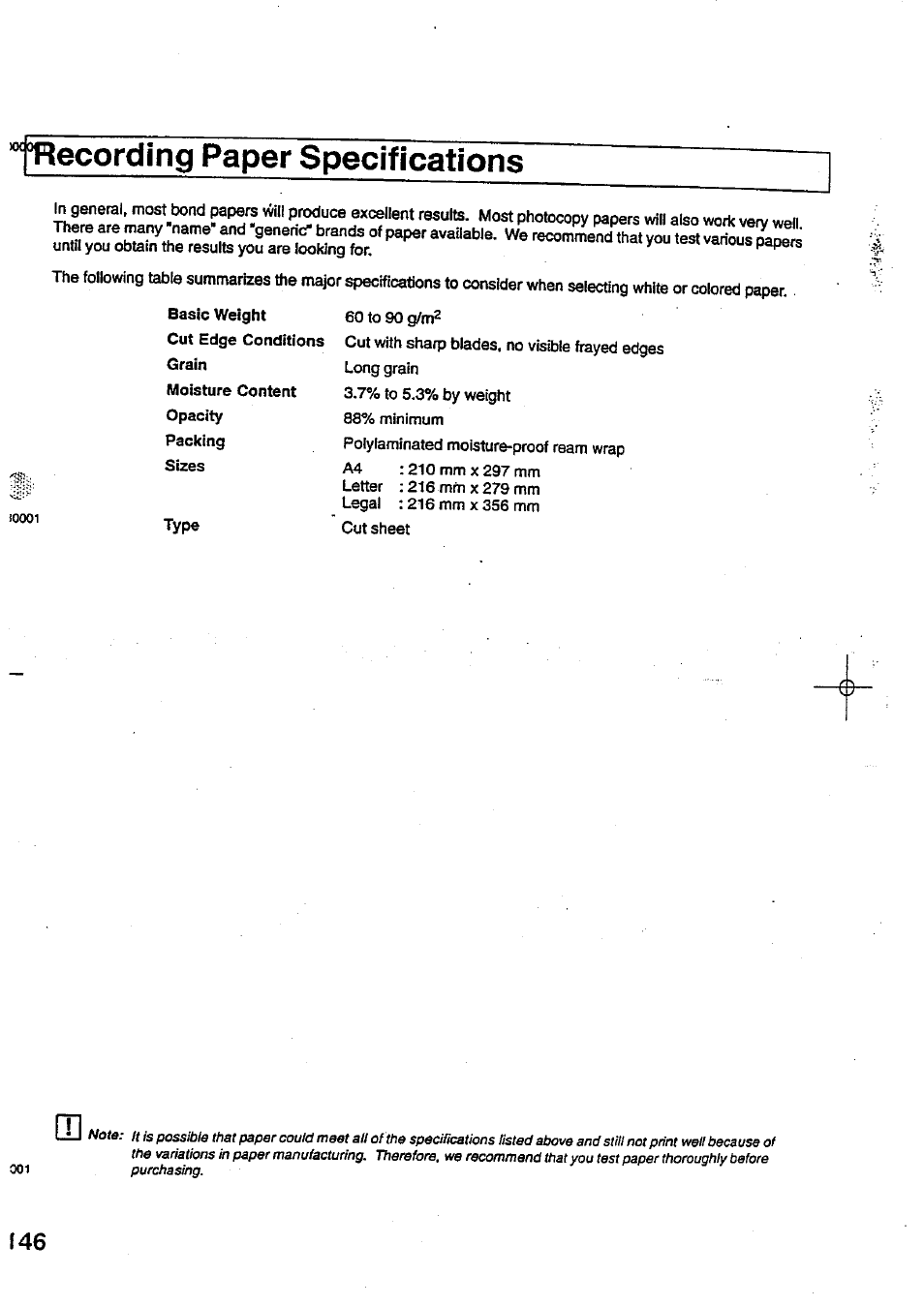 Frecording paper specifications, Recording paper specifications | Panasonic Panafax UF-744 User Manual | Page 150 / 164