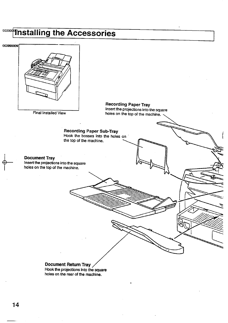 Installing the accessories, Document return tray | Panasonic Panafax UF-744 User Manual | Page 16 / 164