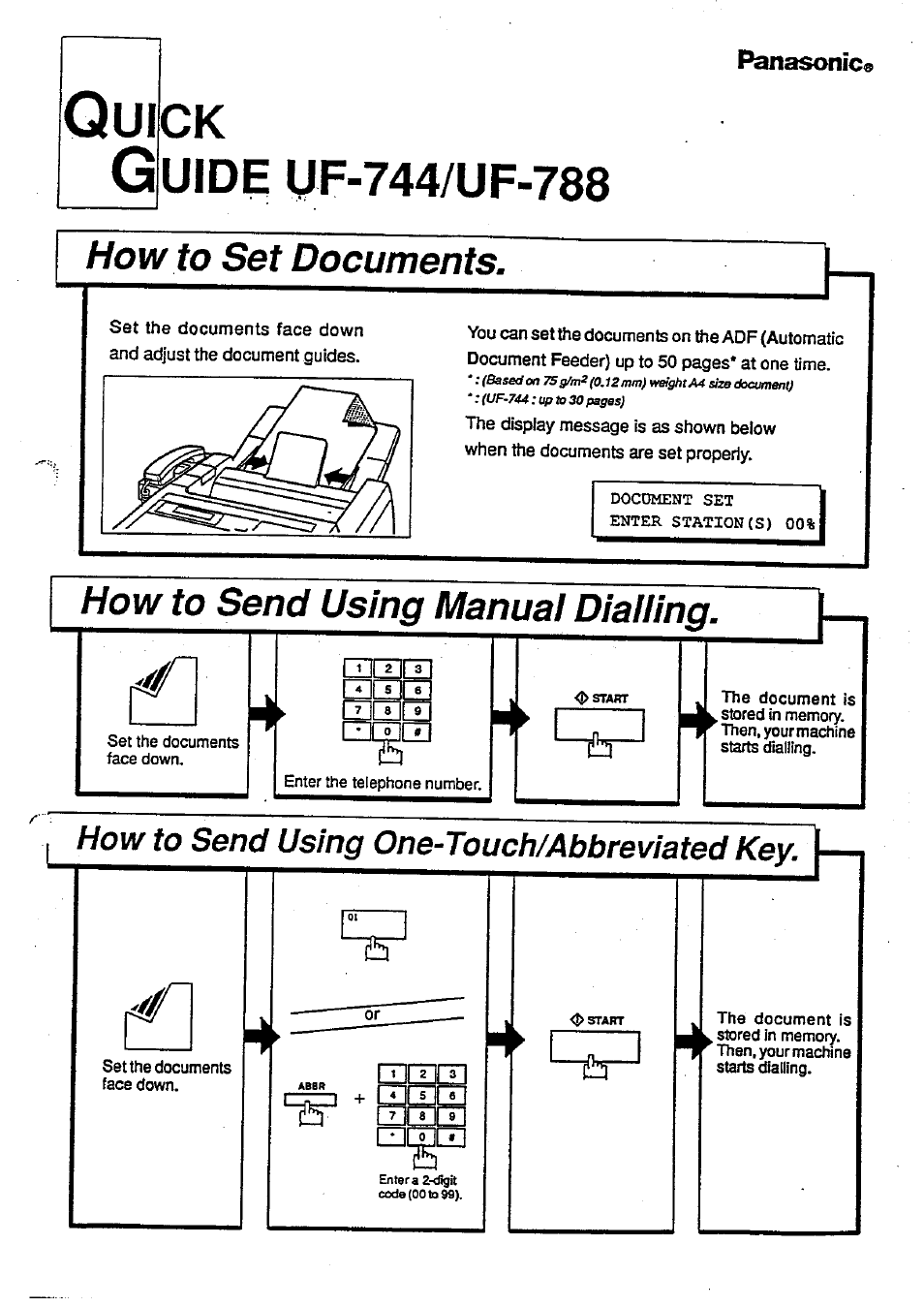 How to set documents, How to send using manual dialling, How to send using one-touch/abbreviated key | Panasonic | Panasonic Panafax UF-744 User Manual | Page 163 / 164