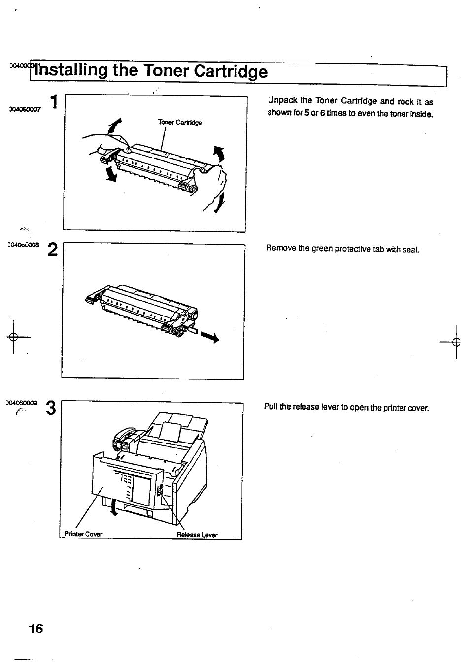 Ihstalling the toner cartridge, Installing the toner cartridge | Panasonic Panafax UF-744 User Manual | Page 18 / 164