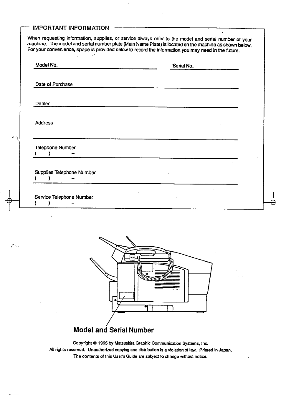 Model and serial number | Panasonic Panafax UF-744 User Manual | Page 2 / 164