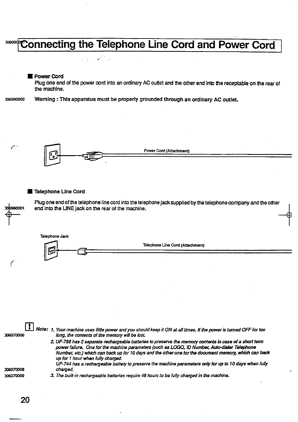 Fconnecting the telephone line cord and power cord, Power cord, Connecting the telephone line cord and power cord | R::! ■o | Panasonic Panafax UF-744 User Manual | Page 22 / 164