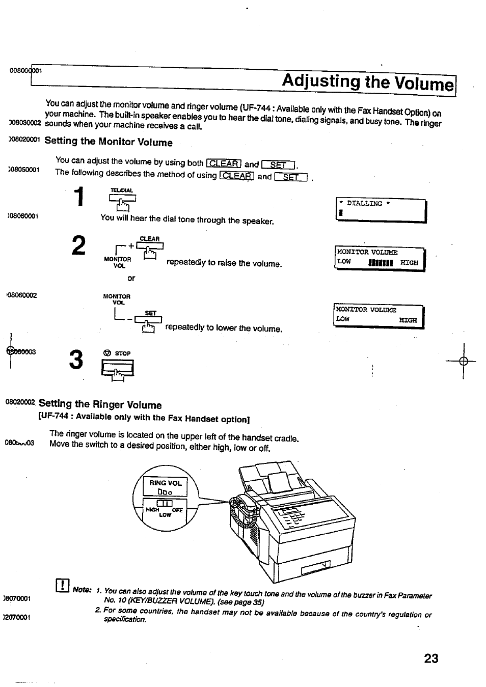 Adjusting the volume, 308020001 setting the monitor volume, Ososocoz setting the ringer volume | Setting the monitor volume, Setting the ringer volume | Panasonic Panafax UF-744 User Manual | Page 25 / 164