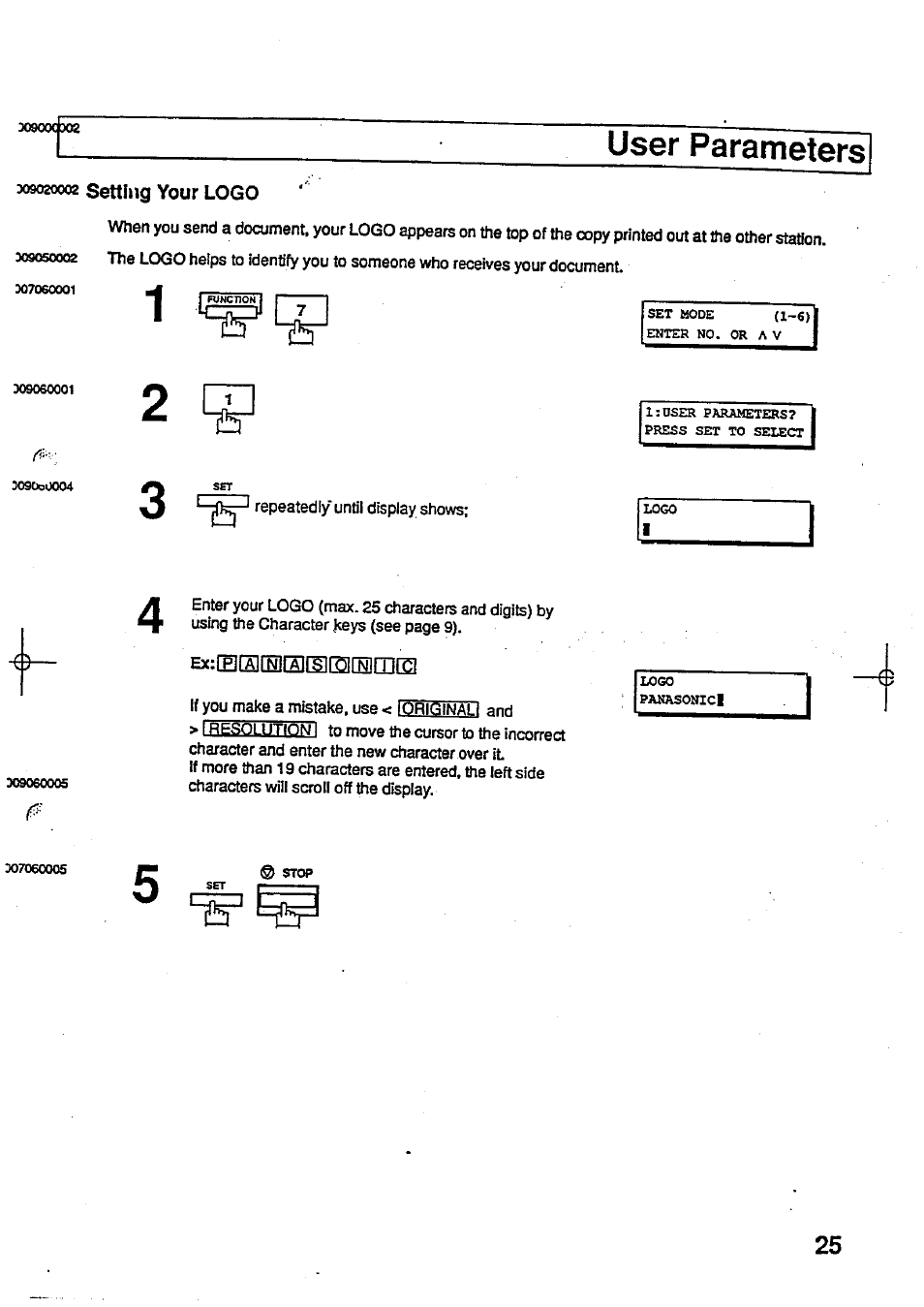 User parameters, 309020002 setting your logo, Exrebldsieiilleaeelœiel | Panasonic Panafax UF-744 User Manual | Page 27 / 164