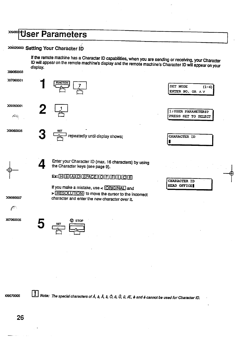 Parameters, 309020003 setting your character id, Setting your character id | Panasonic Panafax UF-744 User Manual | Page 28 / 164