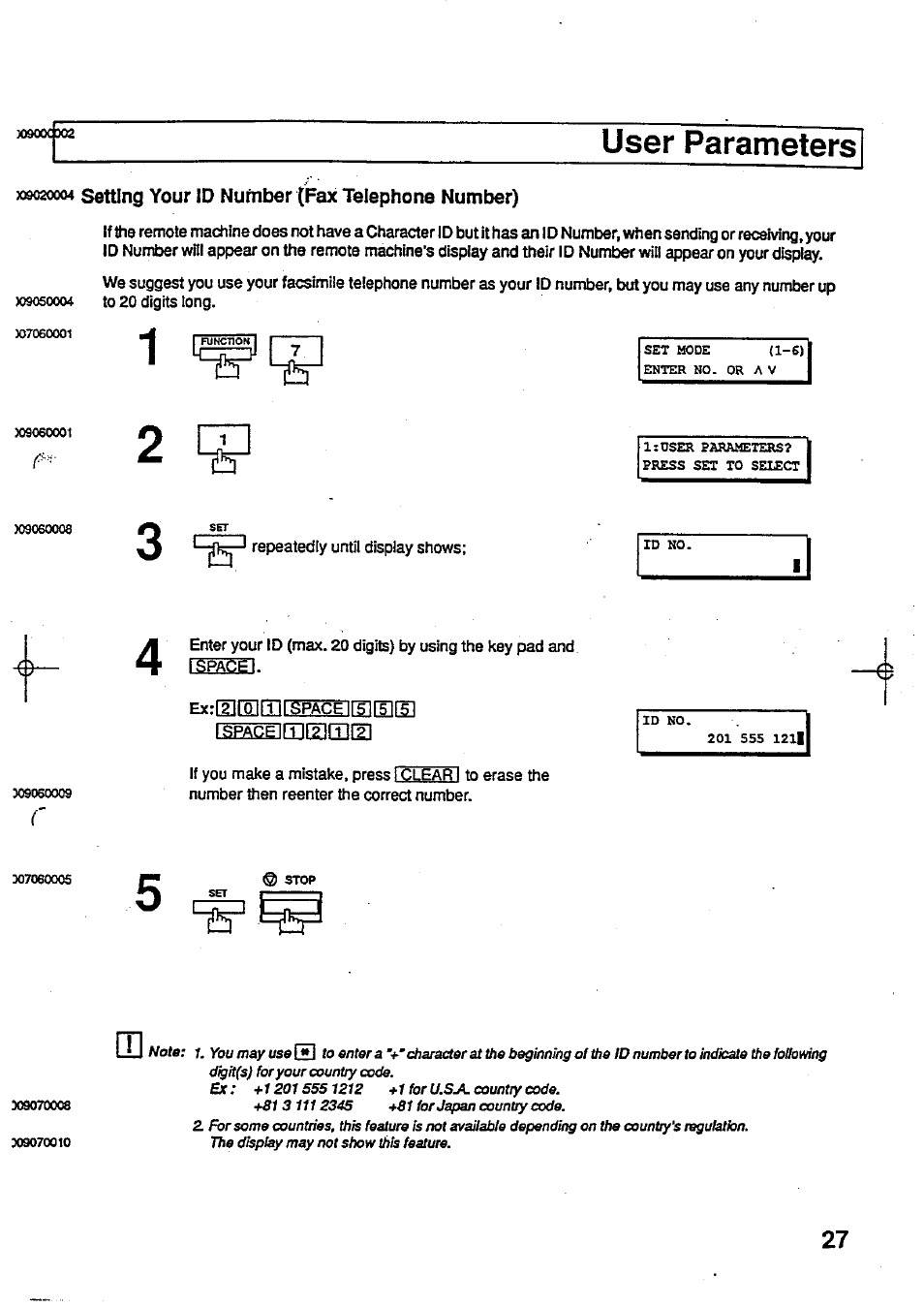 User parameters, I space i, Ex:r2iroimf space iffifsirsi | Setting your id number (fax telephone number) | Panasonic Panafax UF-744 User Manual | Page 29 / 164