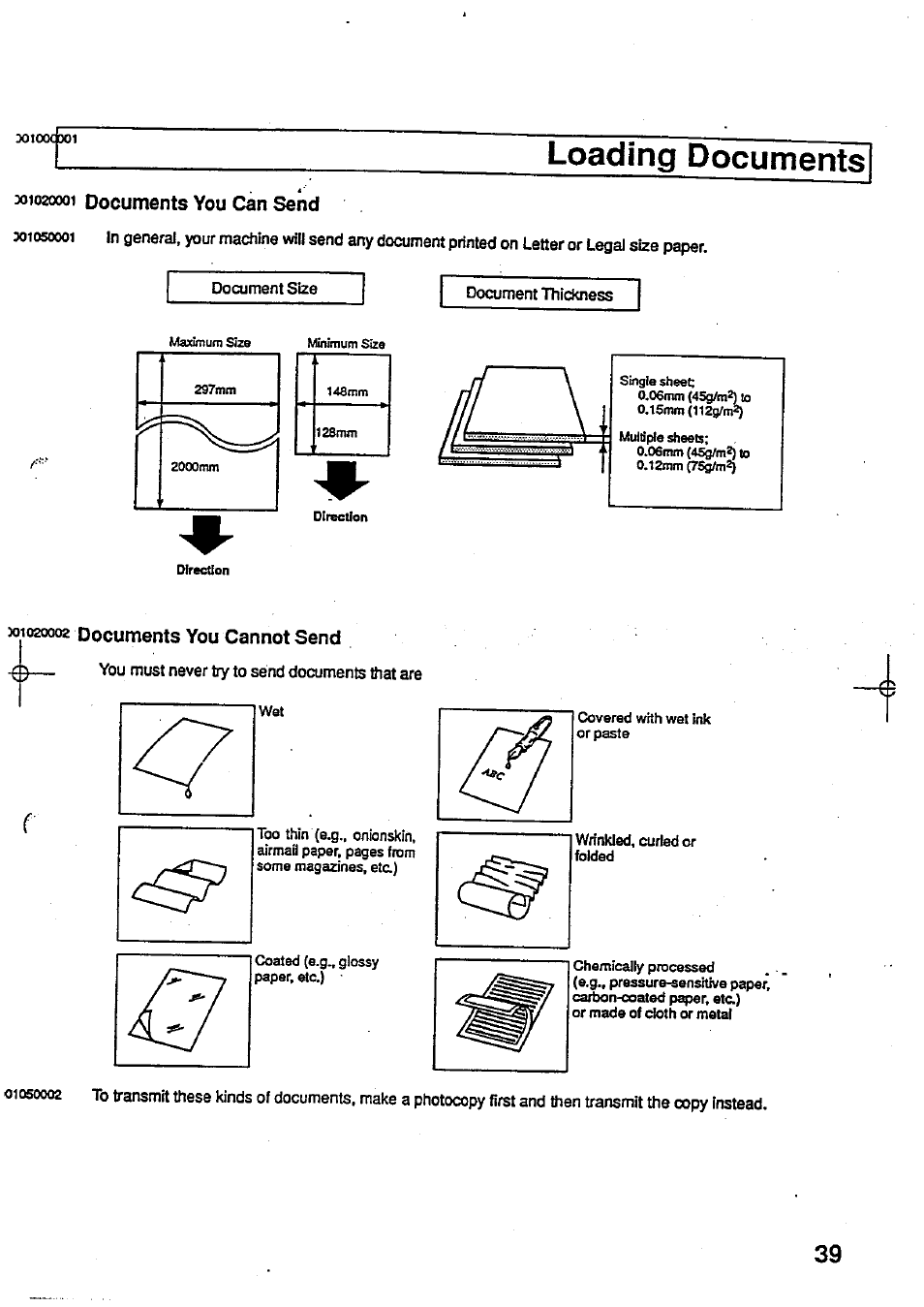 Loading documents, 1020001 documents you can send, Document size | Document thickness, 1020002 documents you cannot send, You must never try to send documents that are | Panasonic Panafax UF-744 User Manual | Page 41 / 164