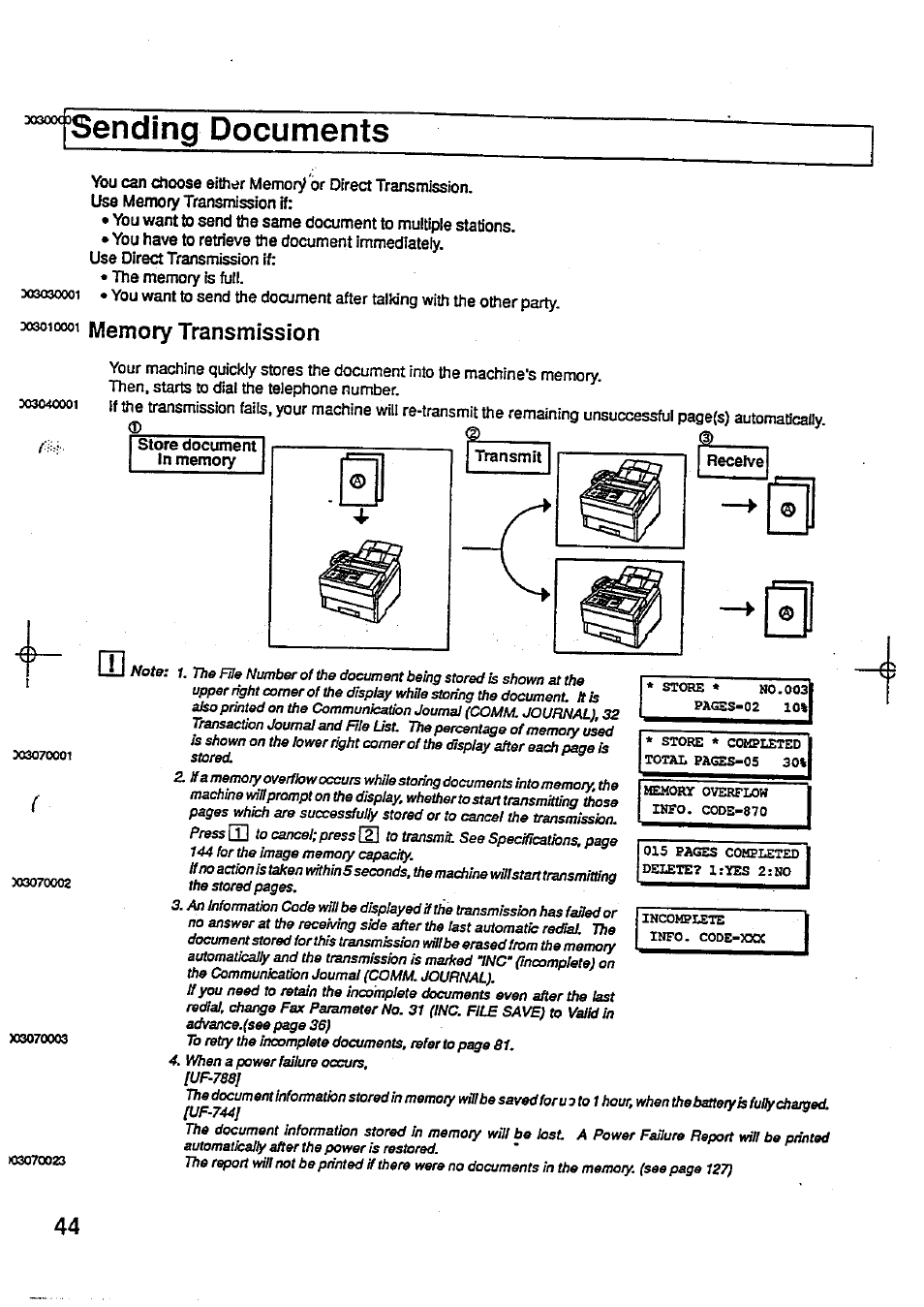 Sending documents, Use memory transmission if, You have to retrieve the document immediately | Use direct transmission if, The memory is full, Then, starts to dial the telephone number, Store document in memory | Panasonic Panafax UF-744 User Manual | Page 47 / 164