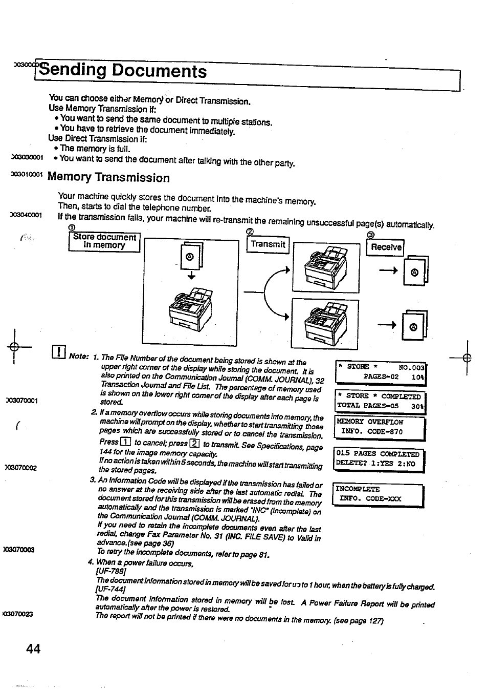 Sending documents, Use memory transmission if, You have to retrieve the document immediateiy | Use direct transmission if, Trie memory is full, M3010001 memory transmission, Store document in memory, Memory transmission | Panasonic Panafax UF-744 User Manual | Page 48 / 164