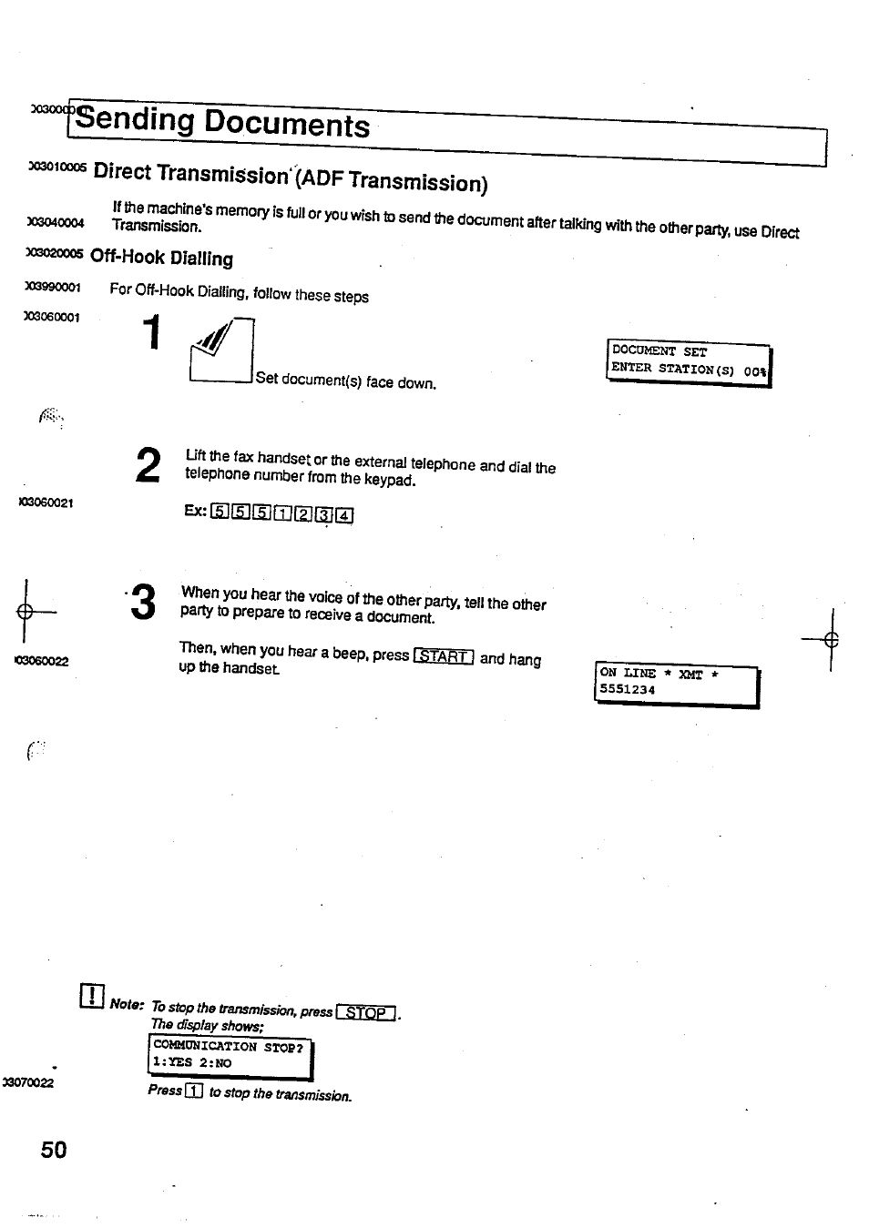 Sending documents, 303020005 off-hook dialling, Exieelliimilleml | Panasonic Panafax UF-744 User Manual | Page 54 / 164