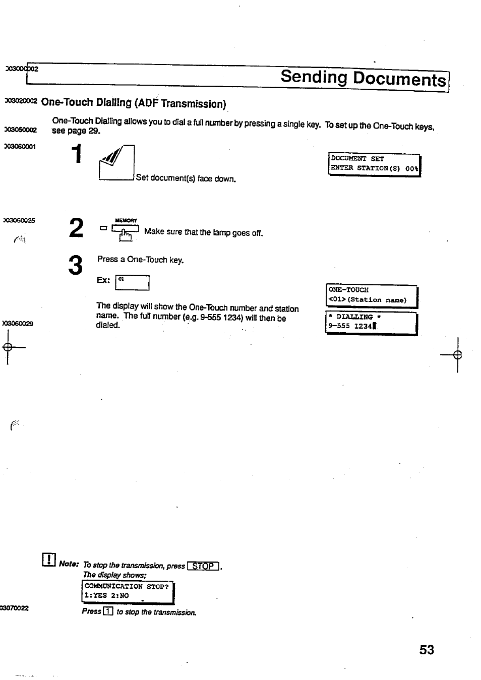 303020002 one-touch dialling (adf transmission), One-touch dialling (adf transmission), Sending documents | Panasonic Panafax UF-744 User Manual | Page 57 / 164