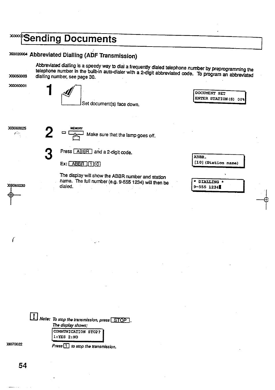 Sending documents, 303020004 abbreviated dialling (a6f transmission), Abbreviated dialling (adf transmission) | Panasonic Panafax UF-744 User Manual | Page 58 / 164