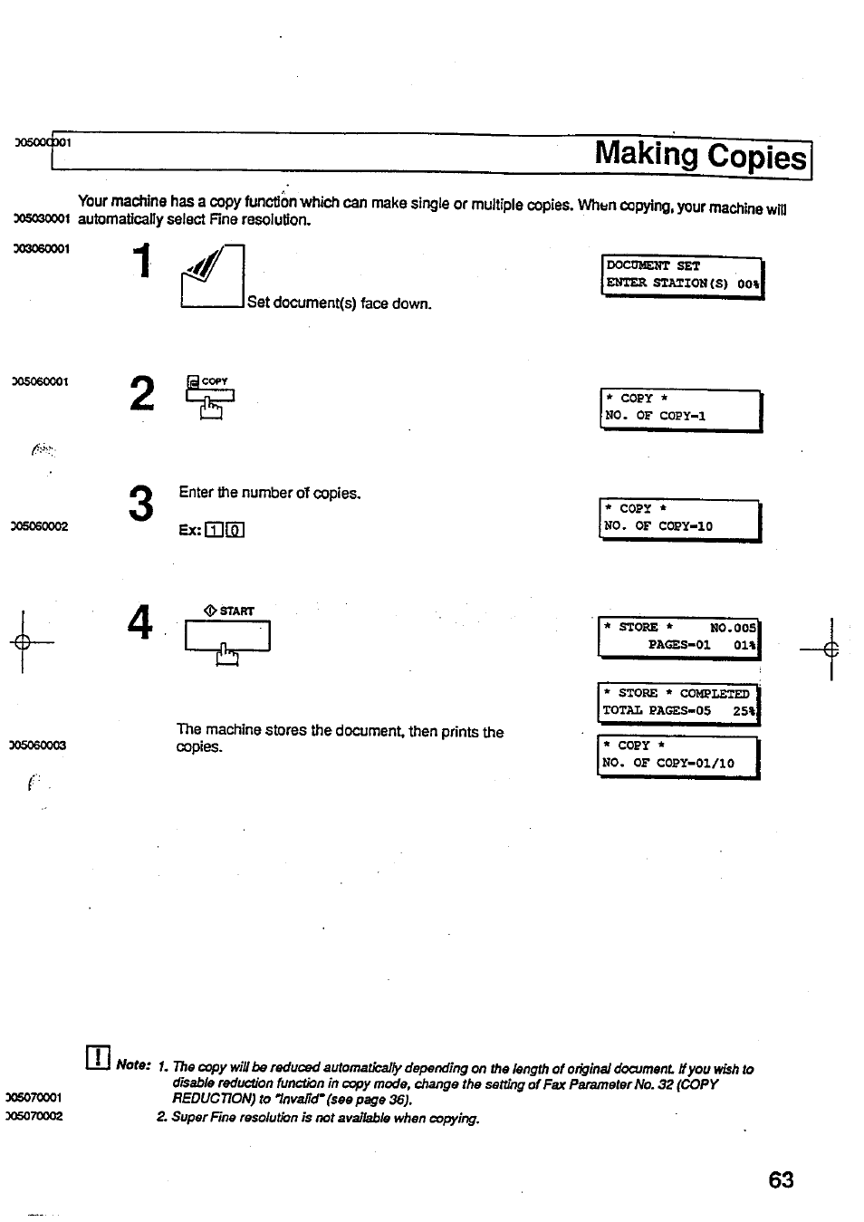 Making copies, Set document(s) face down, Enter the number of copies. ex: [din | Panasonic Panafax UF-744 User Manual | Page 67 / 164