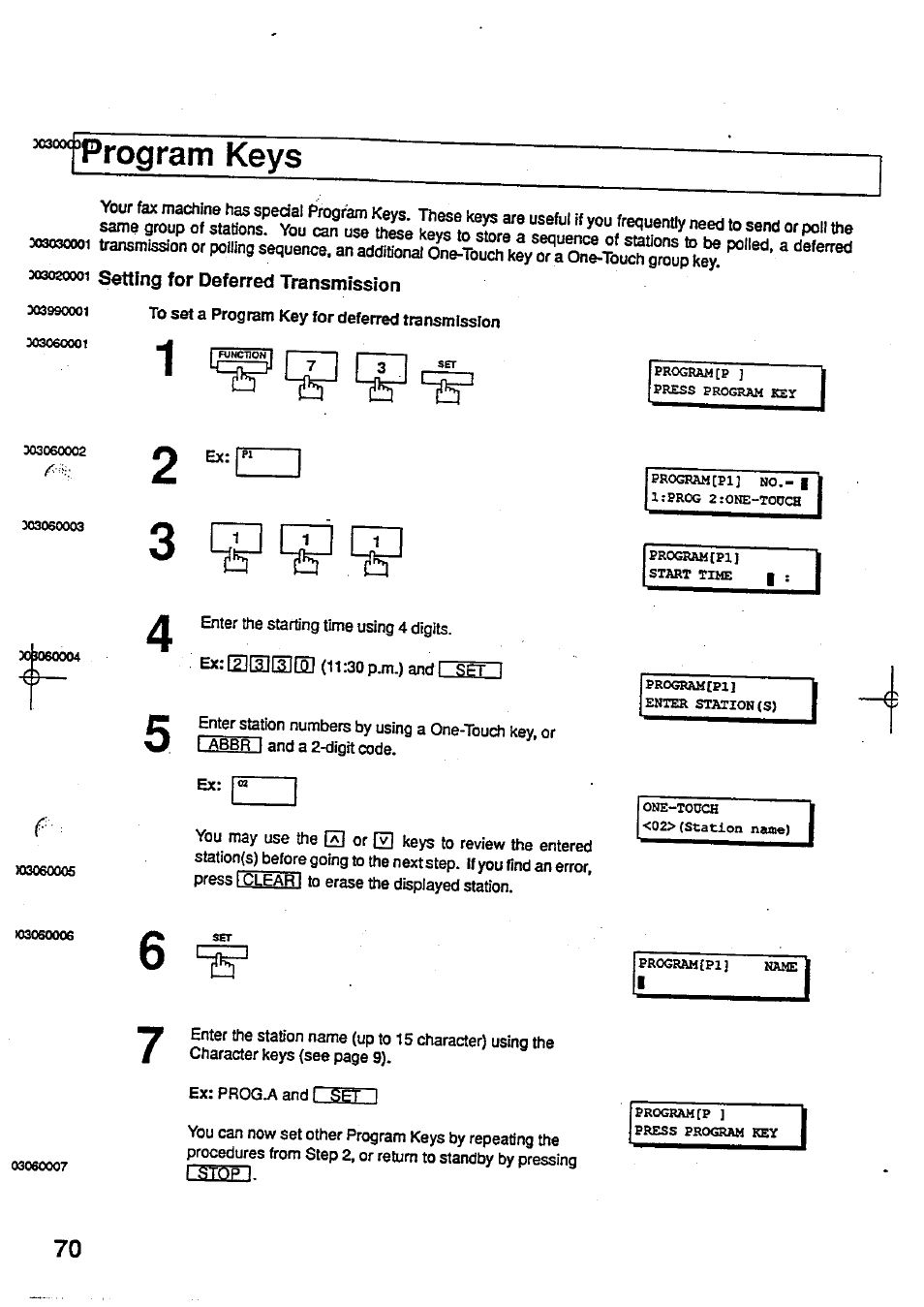 Program keys, 303020001 setting for deferred transmission, Setting for deferred transmission | Panasonic Panafax UF-744 User Manual | Page 74 / 164