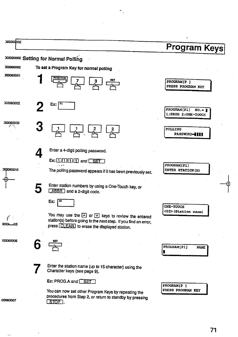 303020002 setting for normal polling, Program keys, Setting for normal polling | 1 i program keys | Panasonic Panafax UF-744 User Manual | Page 75 / 164