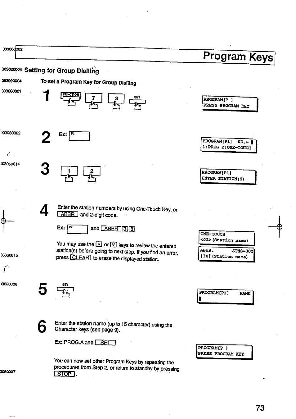 Program keys, 303020004 setting for group dialling, Setting for group dialling | Panasonic Panafax UF-744 User Manual | Page 77 / 164