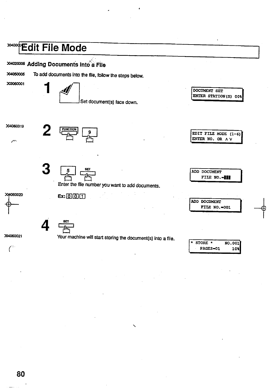 Edit file mode, 4020006 adding documents into a file, Exrelelcn | Adding documents into a rie | Panasonic Panafax UF-744 User Manual | Page 84 / 164