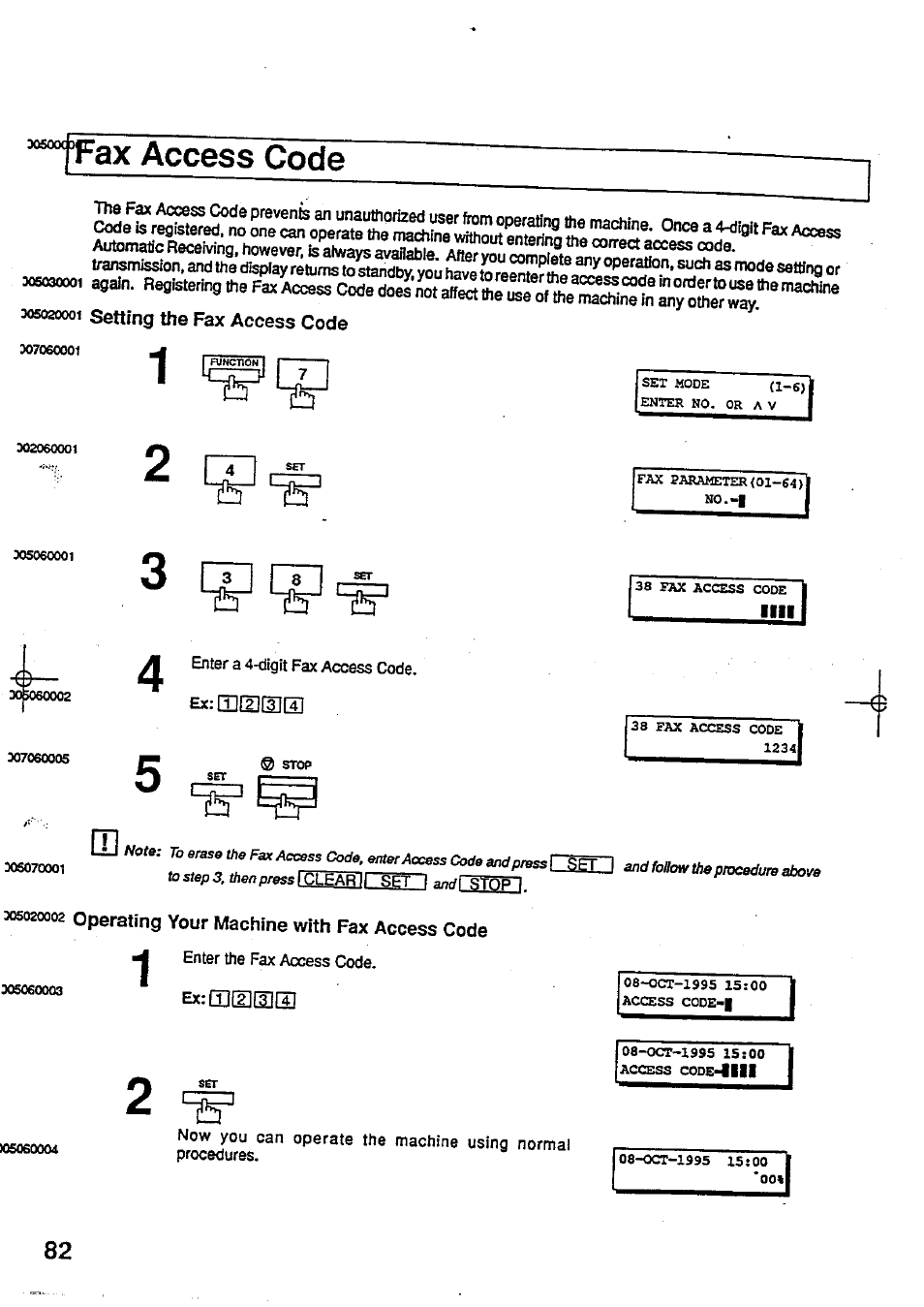 Fax access code, 305020001 setting the fax access code, Setting the fax access code | Operating your machine with fax access code | Panasonic Panafax UF-744 User Manual | Page 86 / 164