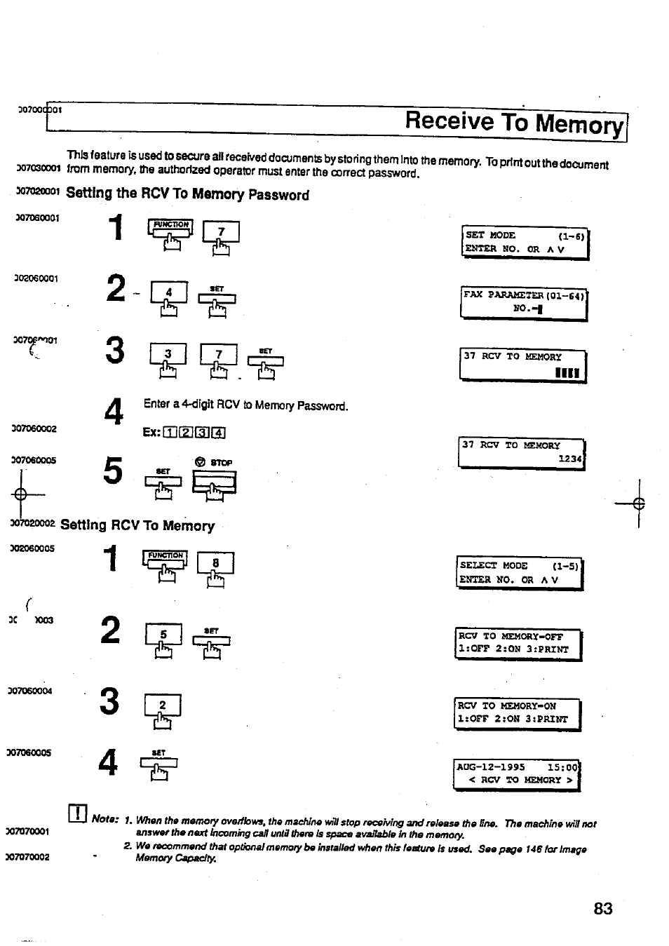 Ao7ooc3oi, Receive to memory, 307020001 setting the rcv to memory password | Enter a 4-digit rcv to memory password, Bceiiaslel, 307020002 setting rcv to memory, Setting the rcv to memory password, Setting rcv to memory | Panasonic Panafax UF-744 User Manual | Page 87 / 164