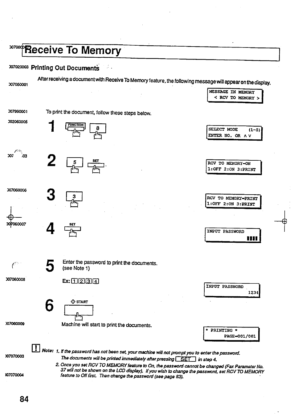 Receive to memory, 307020003 printing out documents, To print the document, follow these steps below | Xrosooo, Machine will start to print the documents, Printing out documents | Panasonic Panafax UF-744 User Manual | Page 88 / 164