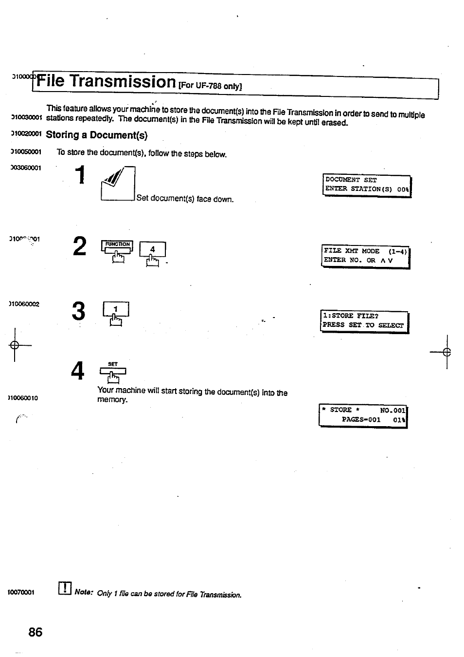 File transmissioniforuf-788oniy, 310020001 storing a document(s), File transmission [for uf-788 only | Storing a document(s) | Panasonic Panafax UF-744 User Manual | Page 90 / 164