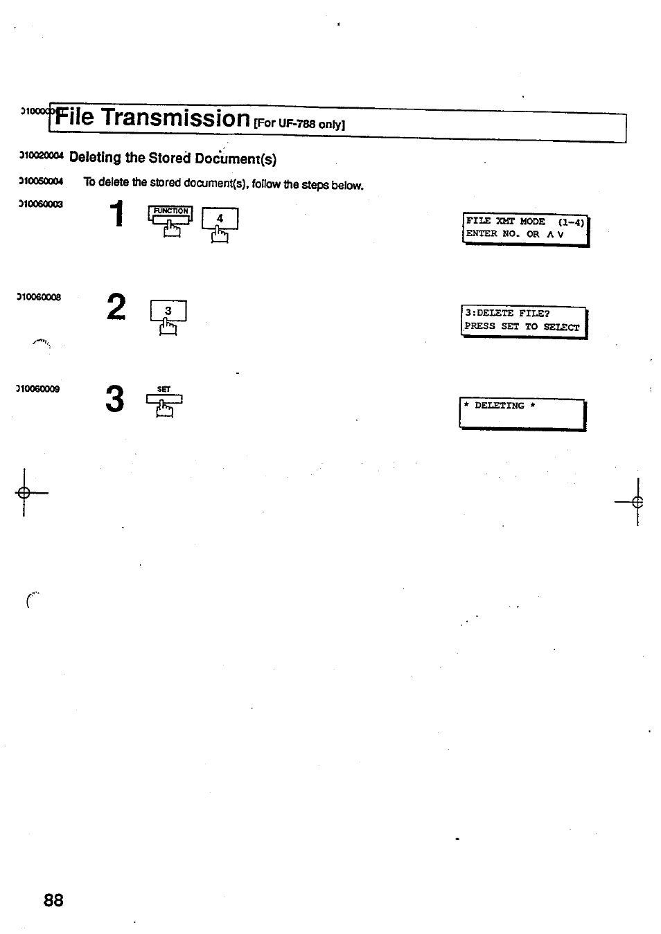 Iooocte|ie transmission [for uf-788only, 310020004 deleting the stored documentes), Deleting the stored document(s) | Panasonic Panafax UF-744 User Manual | Page 92 / 164