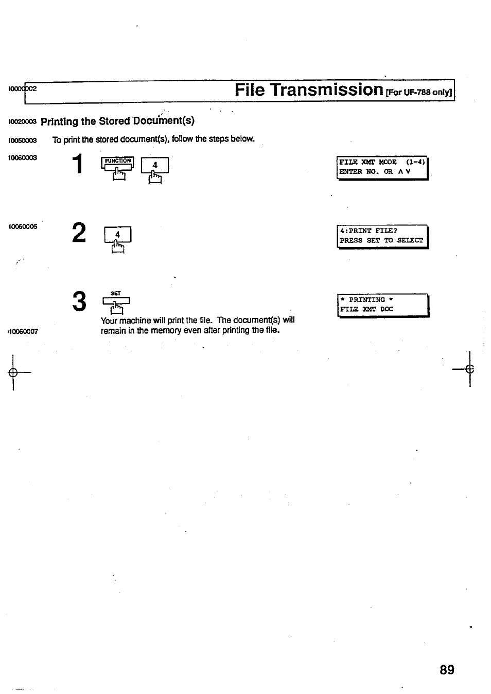 File transmission[foruf-tssoniy, 10020003 printing the stored document(s), Printing the stored document(s) | Panasonic Panafax UF-744 User Manual | Page 93 / 164