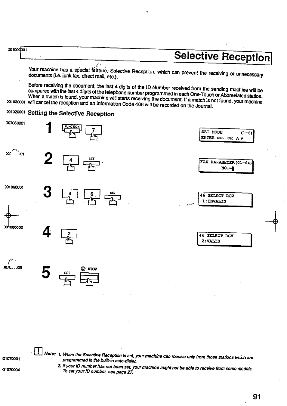 Selective reception, M1020001 setting the seiective reception, Setting the selective reception | I~r 1 | Panasonic Panafax UF-744 User Manual | Page 95 / 164