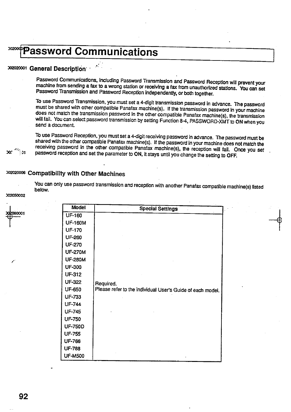 Assword communications, 2020001 general description, 2020006 compatibility with other machines | Password communications, General description, Compatibility with other machines | Panasonic Panafax UF-744 User Manual | Page 96 / 164