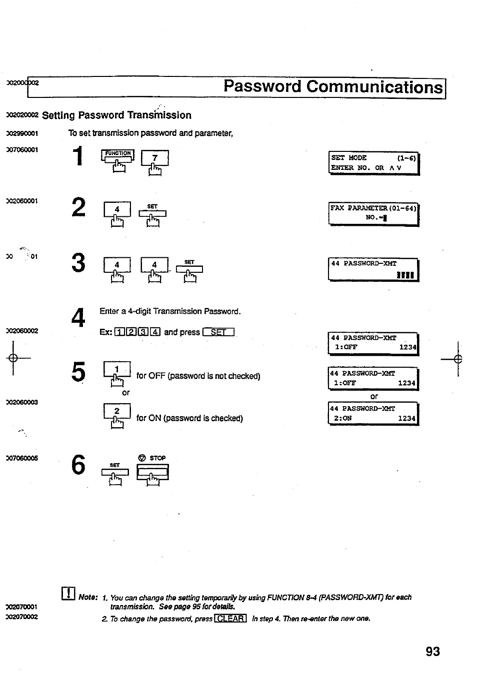 Password communications, 302020002 setting password transmission, Setting password transmission | Panasonic Panafax UF-744 User Manual | Page 97 / 164