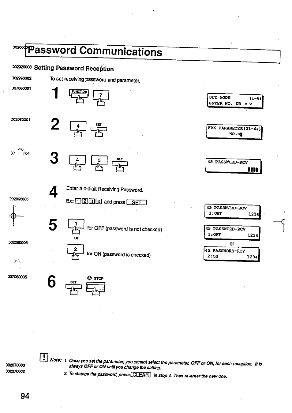 Password communications, 302020003 setting password réception, Setting password reception | Xi x | Panasonic Panafax UF-744 User Manual | Page 98 / 164