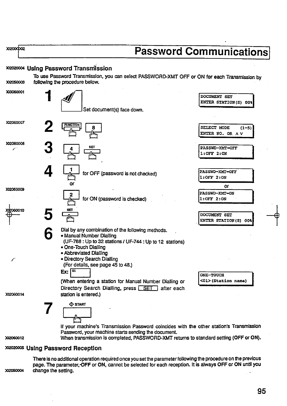 Password communications, Using password transrnission, 2020005 using password reception | Using password transmission, Using password reception | Panasonic Panafax UF-744 User Manual | Page 99 / 164