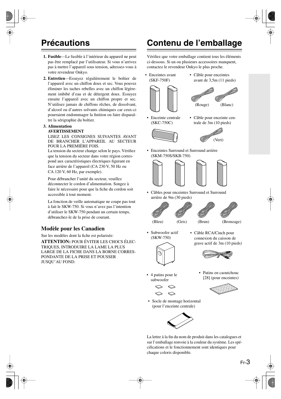 Précautions, Contenu de l’emballage, Modèle pour les canadien | Panasonic SKS-HT750 User Manual | Page 11 / 28