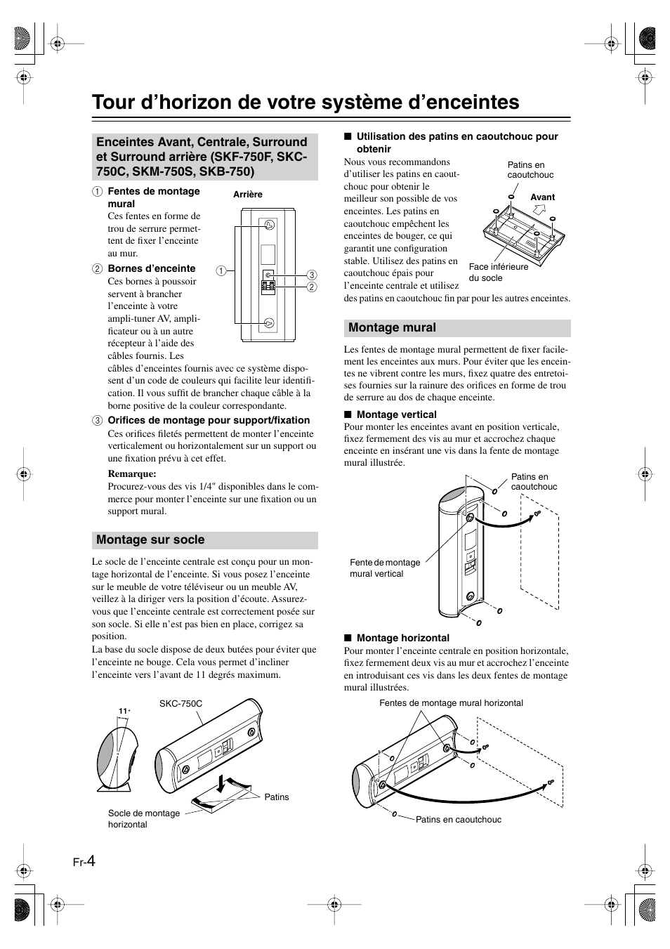 Tour d’horizon de votre système d’enceintes, Montage sur socle, Montage mural | Installation et utilisation | Panasonic SKS-HT750 User Manual | Page 12 / 28