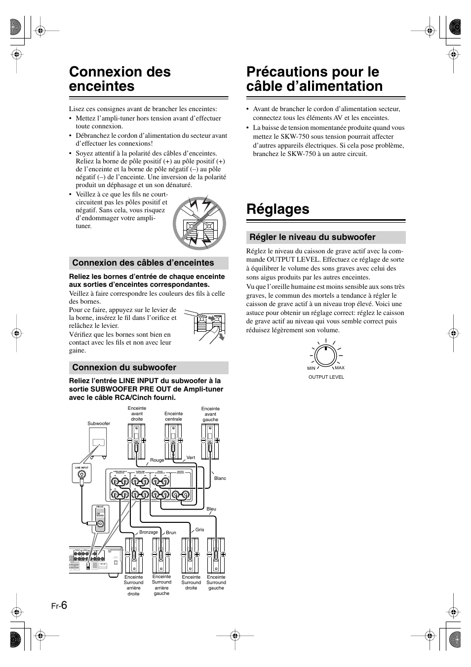 Connexion des enceintes, Connexion des câbles d’enceintes, Connexion du subwoofer | Précautions pour le câble d’alimentation, Réglages, Régler le niveau du subwoofer | Panasonic SKS-HT750 User Manual | Page 14 / 28