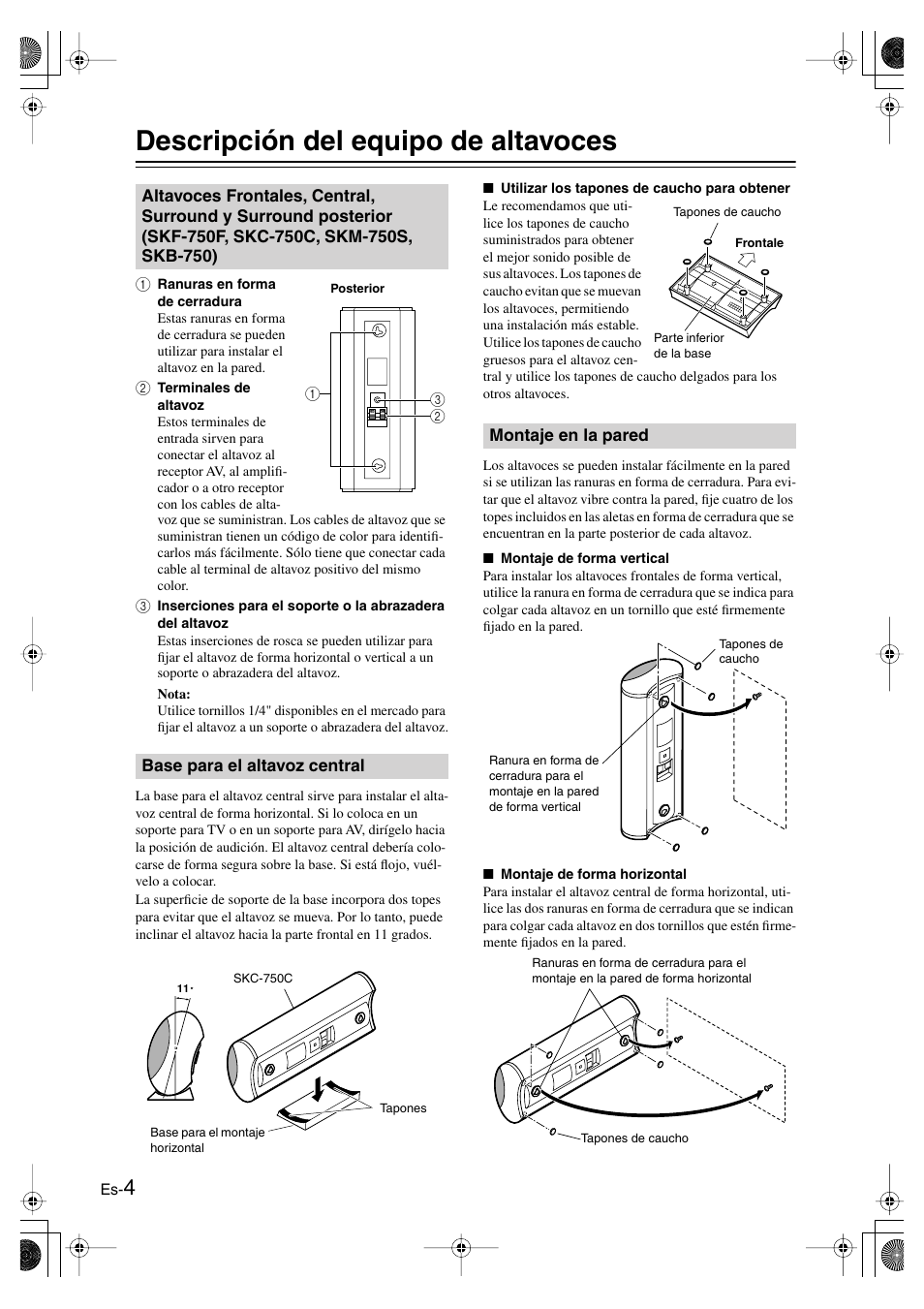 Descripción del equipo de altavoces, Base para el altavoz central, Montaje en la pared | Instalación y utilización | Panasonic SKS-HT750 User Manual | Page 22 / 28