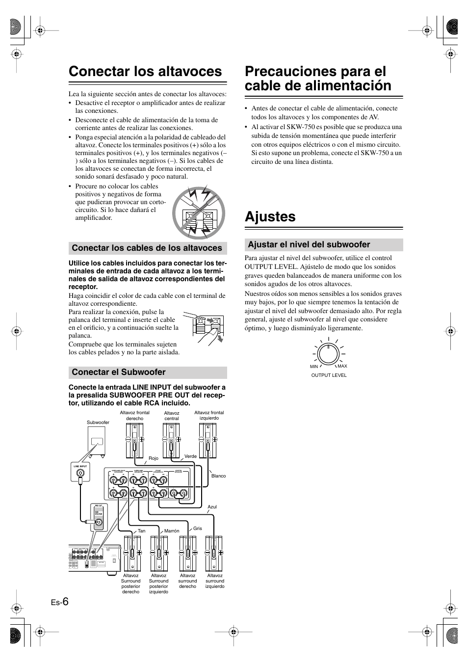 Conectar los altavoces, Conectar los cables de los altavoces, Conectar el subwoofer | Precauciones para el cable de alimentación, Ajustes, Ajustar el nivel del subwoofer | Panasonic SKS-HT750 User Manual | Page 24 / 28