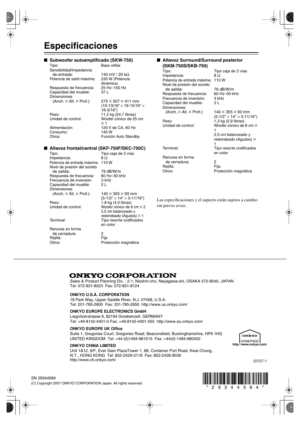 Especificaciones | Panasonic SKS-HT750 User Manual | Page 28 / 28