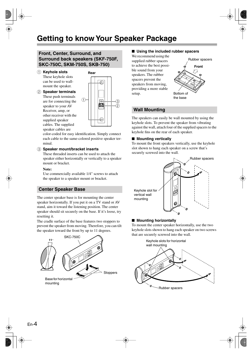 Getting to know your speaker package, Center speaker base, Wall mounting | Installing & using | Panasonic SKS-HT750 User Manual | Page 4 / 28